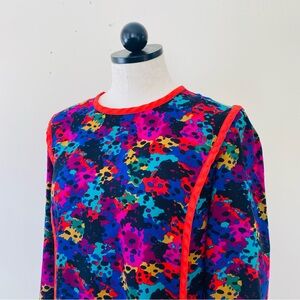 Vintage Bright Abstract Floral Blouse Painted Back Button Rayon M 80s 90s